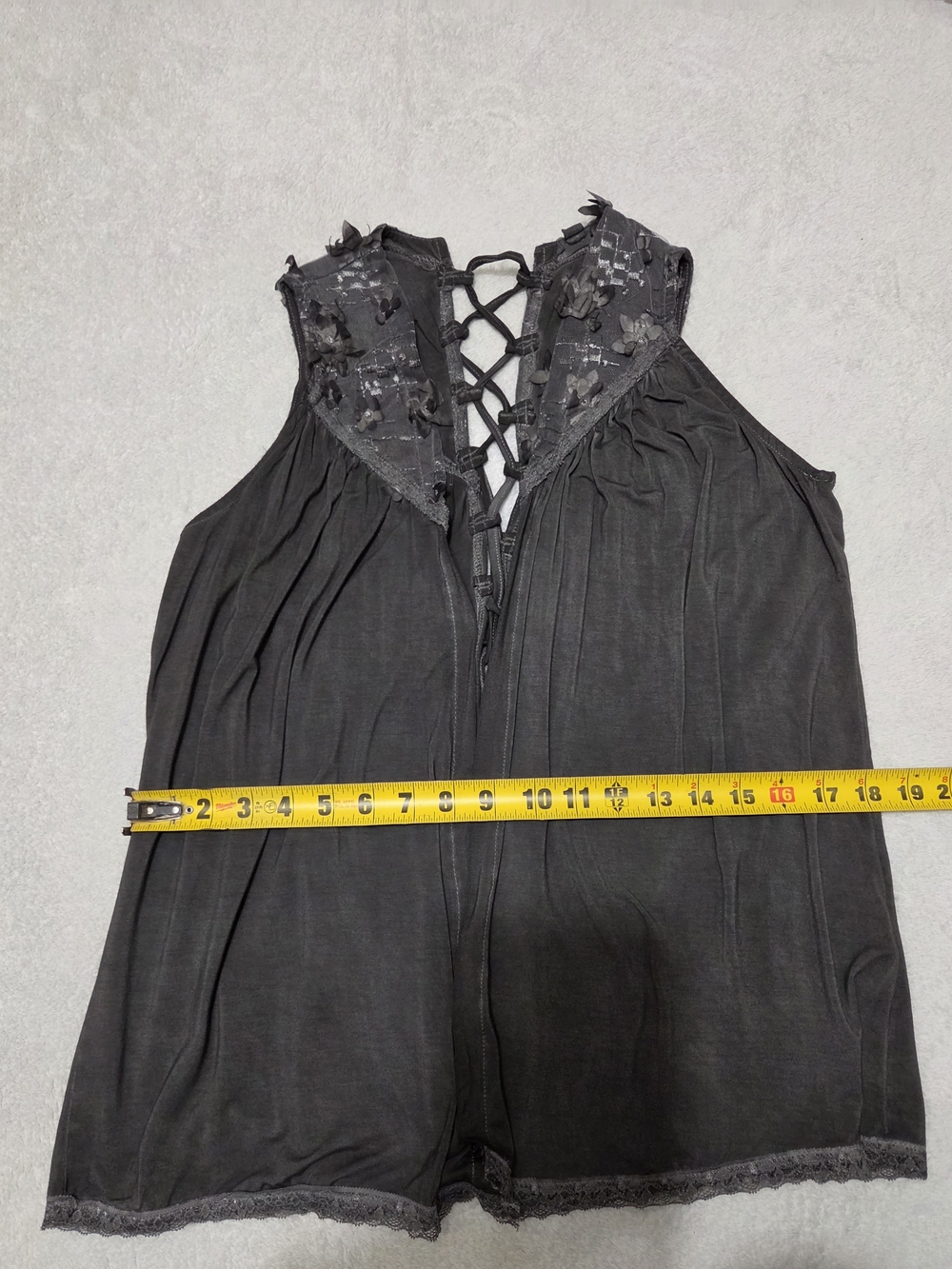 POL Clothing Open-Front Lace-Back Boho Vest Charcoal Gray Lace Trim